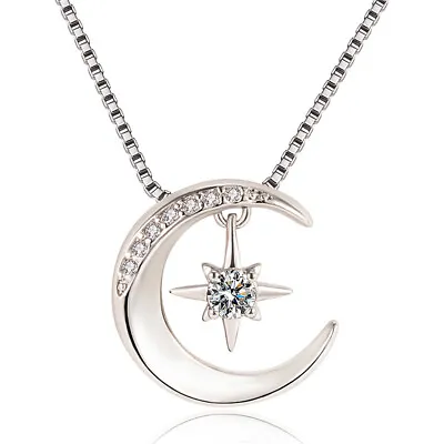 925 Sterling Silver Moon Star Hanged Pendant Chain Necklace Women Jewellery Gift • £3.97