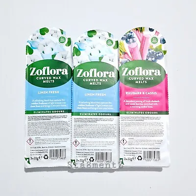 3 Zoflora Scented Candle Curved Wax Melts - 2 Fresh Linen & 1 Rhubarb And Cassis • £15.70