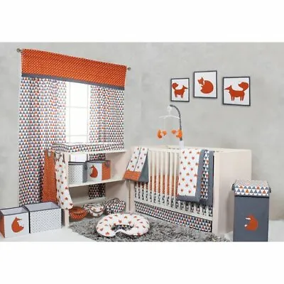 Orange Gray Grey Woodland Foxes Geo 10pc Crib Bedding Baby Nursery Mobile Diaper • $109.90
