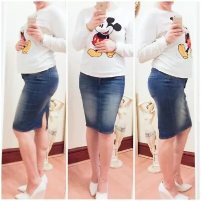 H&M Maternity Denim Knee Length Skirt Wide Waistband Size 10 • £13.99
