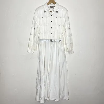 Vintage 90’s Tillman Women’s Medium White Fringed Maxi Western Dress With Belt • $4.99