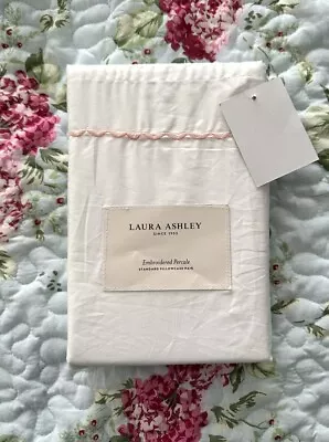 Laura Ashley Pink White 2 Standard Pillowcases 100% Cotton Percale Embroidered • $22