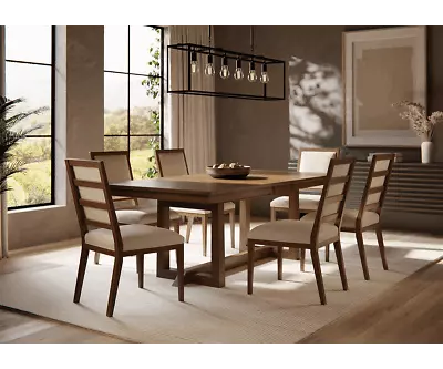 Amish 7-Pc Modern Dining Set Solid Wood Trestle Upholstered Chairs Extending • $4899