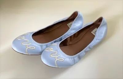 ED Ellen Degeneres Langston Ballet Flat Blue Embroidered Love Leather Size 9.5 • $35