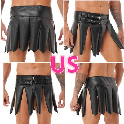 US Men's Leather Gladiator Kilt Skirt Cosplay Adjustable Buckle Zipper Miniskirt • $14.77