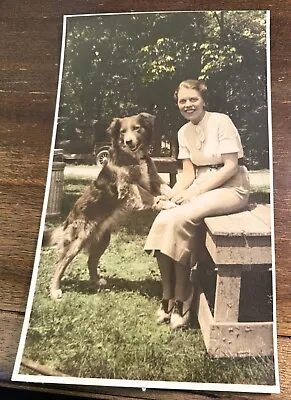 Vintage 1950's Hand Color Photo Woman In Saddle Shoes With Dog Old Truck 6  X 10 • $8