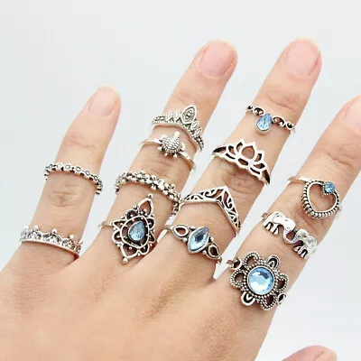 13pcs Silver Boho Stack Above Knuckle Ring Blue Flower Elephant Heart Rings • £3.99