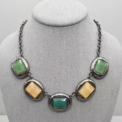 Dana Buchman Necklace Green Yellow Beads Pendants Black Gunmetal Chain 16 Inch • $11.99