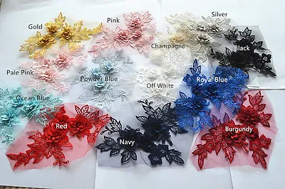 14 Colours Costume Lace Trim Floral Applique Embroidery Bridal Lace Motif 1 Pair • £4.49