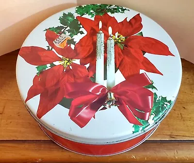 7  Vintage Fruit Cake Tin Christmas Poinsettia & Candle Lid With Red Tin • $9