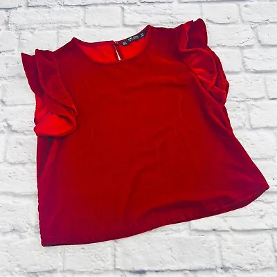 Zara Collection Flutter Sleeve Crop Velvet Shirt Top Women Small Red Round Neck • $22.25