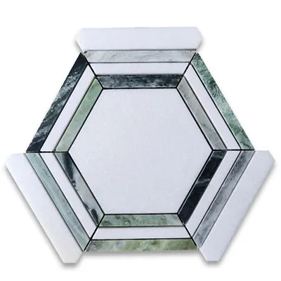 T35BXH Thassos White Marble Hexagon Georama Mosaic Tile Sagano Vibrant Green • $18.99