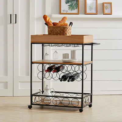 Rolling Drinks Trolley Dessert Tea Serving Cart Metal MDF Kitchen Dining Carts • £99.95