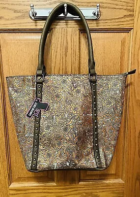 NWT Angel Ranch Tooled Bronze/Tobacco Concealed Carry Tote R/L Zip Compartment • $39.95