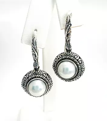 Sterling Silver 925 Mabe Pearl Gemstone Filigree Scroll Dangle Earrings O136 • $75