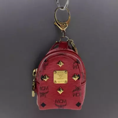 MCM Visetos Key Ring Keychain Accessory Case Logo All Over Pattern Leather Red • $129