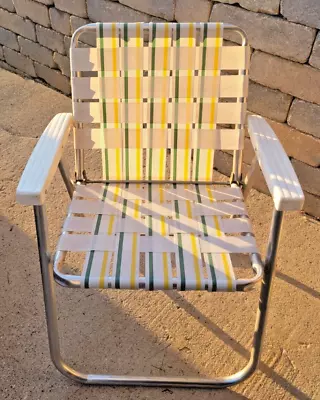 Vtg Folding Chair Beach Lawn Deck Pool Webbed Aluminum Tube White Yellow Green • $36.55