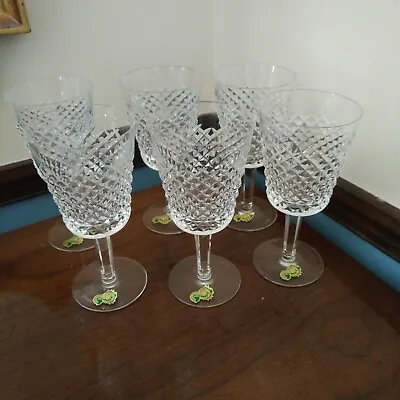 $220 • Buy Set 6 WATERFORD Crystal ALANA Large 7  Water Goblets Wine Glasses Labels &Marked