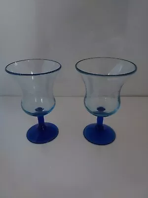 Cobalt Blue Stem Base Blue Stem Hand Blown Mexican Wine Water Glasses Lot Of 2 • $26.99