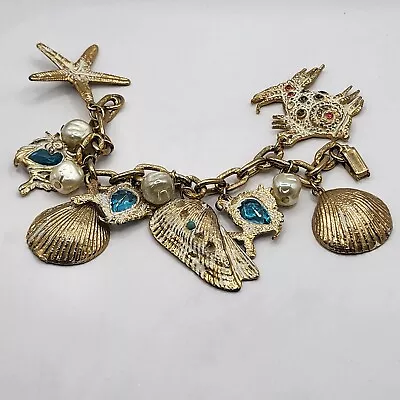 Vintage Charm Bracelet Sea Life Fish Sea Horse Blue Gold Tone Shell Heavy 7   • $42.74