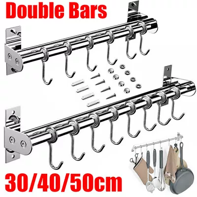 Wall Mounted Kitchen Utensils Pan Pot Hanging Rail Rack 5/6/8 Hooks Hanger Shelf • £5.68