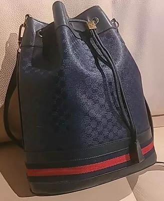 Amazing Vintage Gucci Blue Micro GG Sherry Crossbody Drawstring Bucket Bag • $950