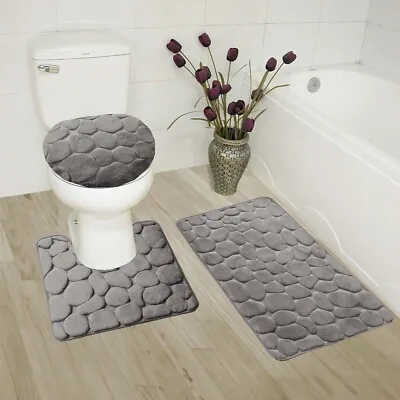 Rock Design Bathroom 3pc Set Bath Mat Rugs Lid Cover Soft Memory Foam New  • $20.40