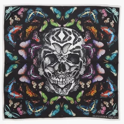 NEW $295 ALEXANDER MCQUEEN Black Silk JEWELED BUTTERFLIES SKULL Bandana SCARF • $333.39