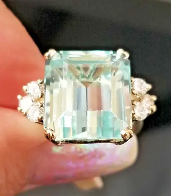 12.60TCW Vintage Beautiful Blue Aquamarine Diamond 14k Yellow Gold Ring • $1295