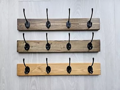 Handmade Rustic Wooden Coat Rack 4x Cast Iron Hook/Pegs - 3x Wood Effect Choices • £19.99