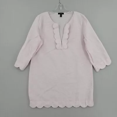 J Crew Scalloped Tunic Womens S Small Pink 3/4 Sleeve V Neck Linen Cotton Blend • $22.99