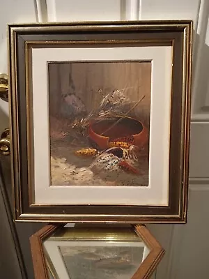 Antique Oil Painting Still Life On Canvas Indian Corn Pottery.Mid Century • $89