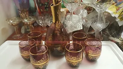Vintage Murano Amythist & 22ct Gold Decanter Bottle & Glasses Set. 7 Pce • $99