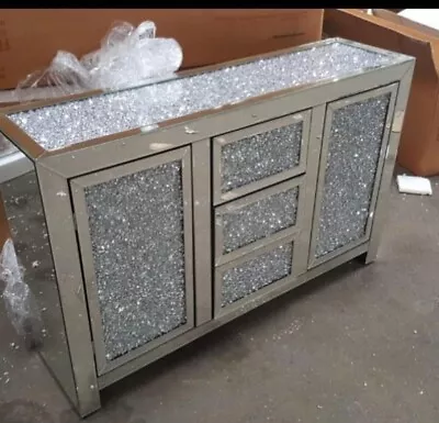 Venetian Crushed Diamond Mirrored Sideboard 3 Drawers 2 Doors Sparkly Cabinet • £799.99