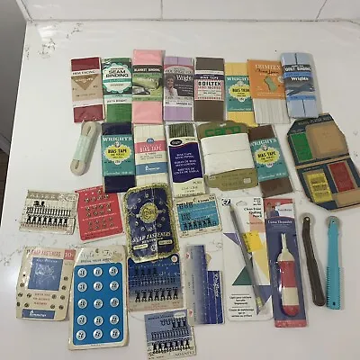 Vintage Sewing Supplies Lot Bias Tape Tools Threader Needles Snaps Tracing Wheel • $12.59