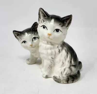 Vintage Japan Ceramic Cat Figurine Miniature Statue Gray White Tabby Cats Kitty  • $12