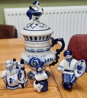 £28 • Buy Nice Collection Of Russian Ussr Gzhel Pottery - 3 X Figures & Goblet With Lid