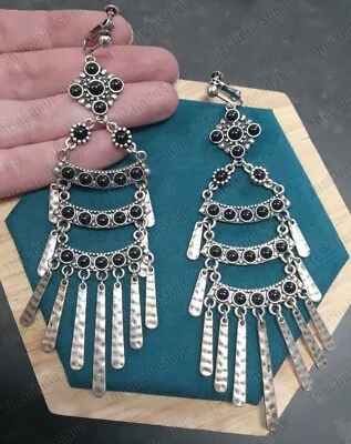 CLIP ON Huge Chandelier 5 Long EARRINGS Faux Gem Black/Antique Silver Tone • £5.99