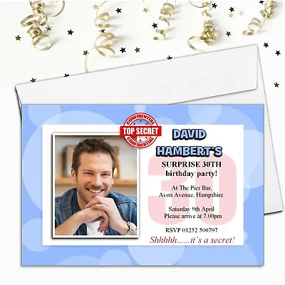 10 Personalised Surprise Secret Birthday Party PHOTO Invitations N61 ANY AGE • £5.49