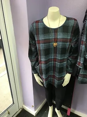 New Made In Italy Blue & Grey Check Tartan POCKET Sweater One Size 16-18-20-22 • £12