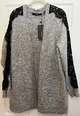 Vero Moda Vmmerla Lace Sleeve Open Cardigan Sweater Gray Black Wool Blend L NWT • $39.99