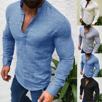 £8.49 • Buy Mens Henley Long Sleeve Shirt Tops Casual Solid Slim Fit Grandad T-Shirts UK