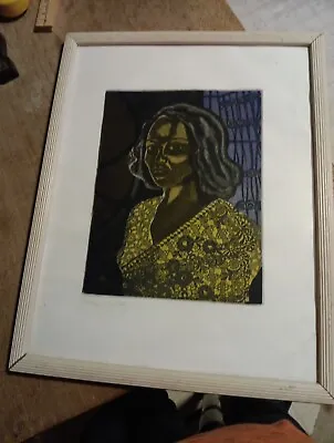 Mid Century  Modern  Handcolored  Etching?? WOODBLOCK??? Lady 1970's • $18