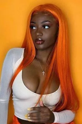 Long Straight Orange Lace Front Fiber Wig Heat Safe Fashion Cos Party Soft Wig • $27.54