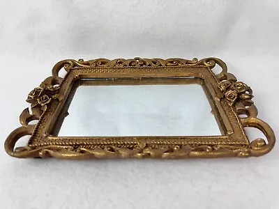 Vintage Ornate Vanity Mirror Tray Resin Gold Distressed Paint With Roses Floral • $11.04