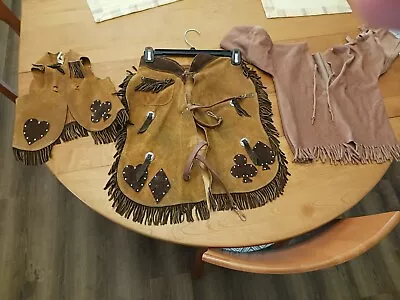 Vintage Brown Leather Suede Fringed Cowboy Vest & Chaps Kids Sz 4 - Saks 5th Ave • $34.99