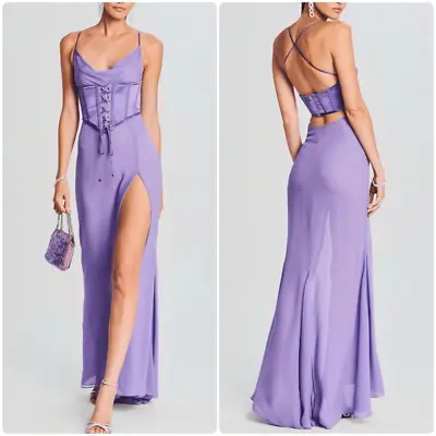 Retrofete Larissa Silk Corset Maxi Thigh High Slit Dusty Lilac Gown • $368
