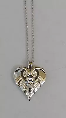 Diamonique Sterling Silver  Angel Wing Cubic Zirconia Heart Pendant And Chain • $30.95
