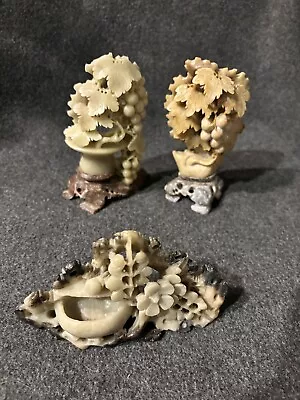 Vintage Chinese Carved Soapstone Carvings Ink Pot Well + Pair Of Grape Bunches • $49.99