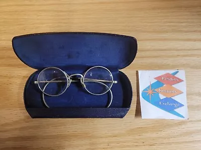 Vintage Eyeglasses Wire Rim Round With Blue Velvet Case Republic Optical Denver • $28